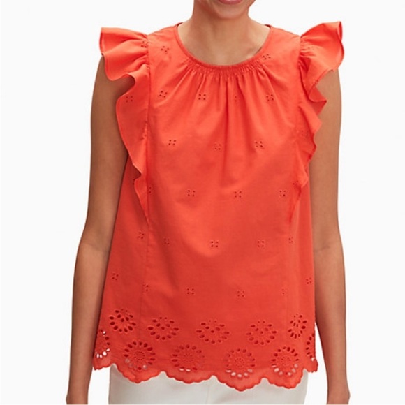 kate spade Tops - Kate Spade Eyelet Ruffle Top Geranium Orange Keyhole Back Sz L